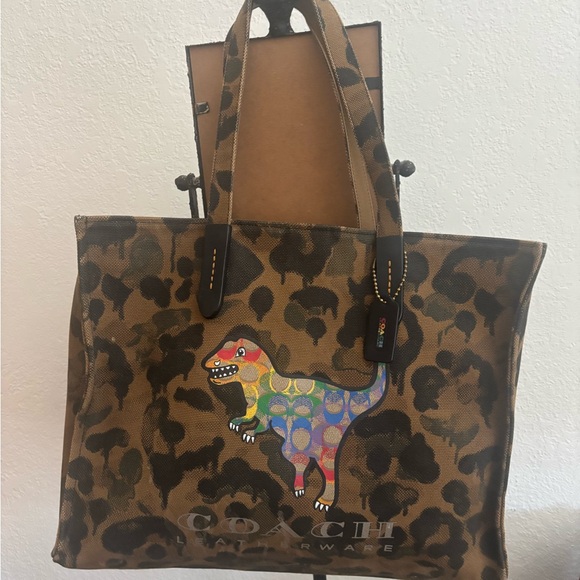 Coach Handbags - Coach Tan Leopard Print Tote with Colorful Dinosaur